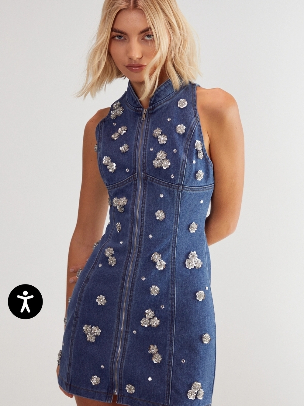Nasty Gal Denim Floral Embellished Zip-Front Mini Dress - Blue Size 6